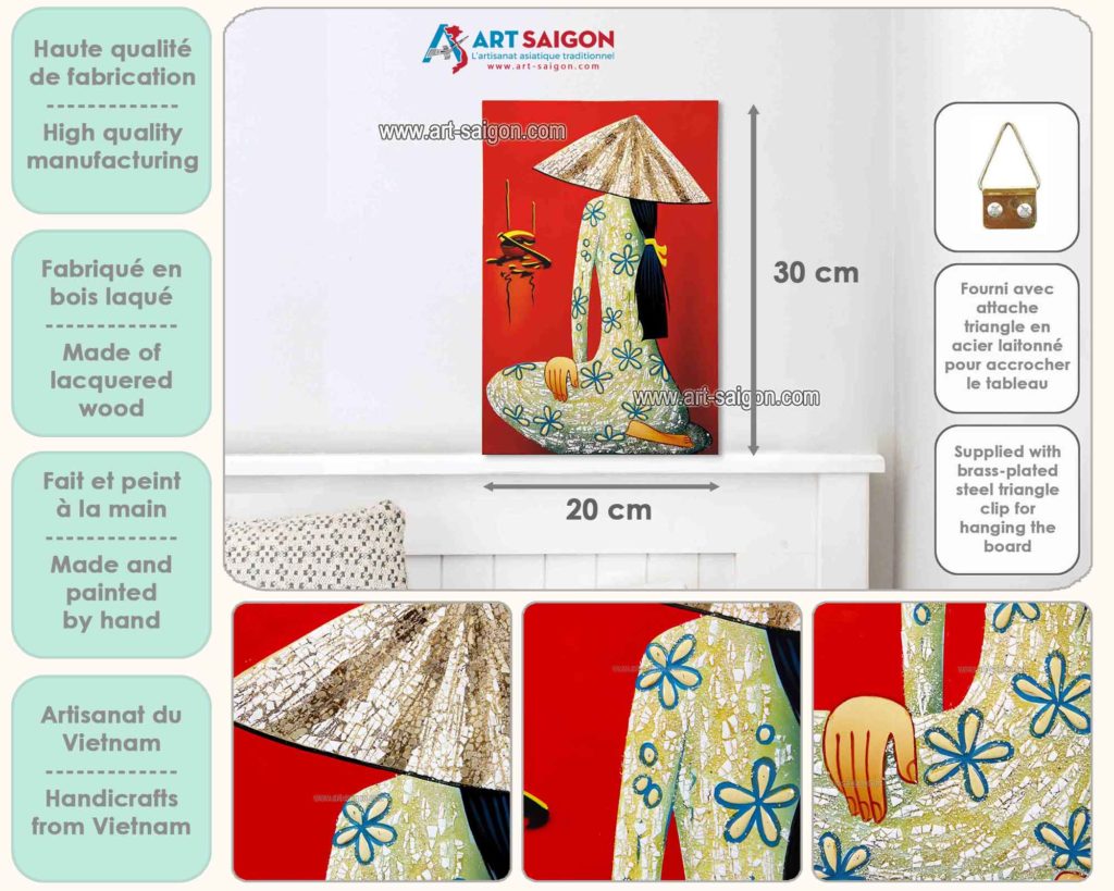 Tableau en Bois Laqué Rouge, Fabriqué à la main, Femme Vietnamienne. Peinture et Panneau Murale du Vietnam. Décoration et Artisanat Asiatique | Article vendu par la Boutique Art-Saigon.com