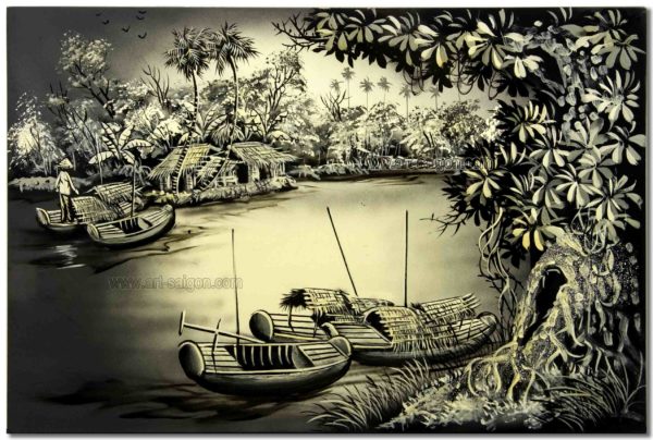 Tableau en Bois Laqué Peint, Campagne du Vietnam, Fabriqué à la main. Peinture et Panneau Murale du Vietnam. Décoration et Artisanat Asiatique | Article vendu par la Boutique Art-Saigon.com
