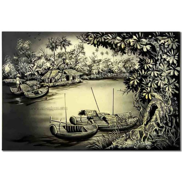 Tableau en Bois Laqué Peint, Campagne du Vietnam, Fabriqué à la main. Peinture et Panneau Murale du Vietnam. Décoration et Artisanat Asiatique | Article vendu par la Boutique Art-Saigon.com