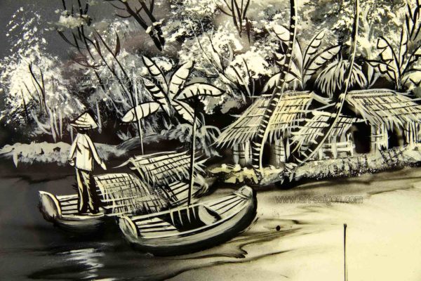 Tableau en Bois Laqué Peint, Campagne du Vietnam, Fabriqué à la main. Peinture et Panneau Murale du Vietnam. Décoration et Artisanat Asiatique | Article vendu par la Boutique Art-Saigon.com