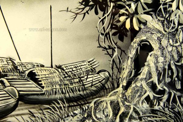 Tableau en Bois Laqué Peint, Campagne du Vietnam, Fabriqué à la main. Peinture et Panneau Murale du Vietnam. Décoration et Artisanat Asiatique | Article vendu par la Boutique Art-Saigon.com