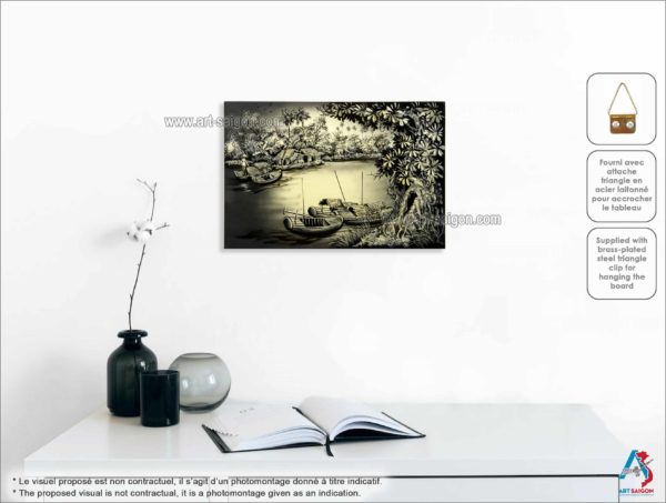 Tableau en Bois Laqué Peint, Campagne du Vietnam, Fabriqué à la main. Peinture et Panneau Murale du Vietnam. Décoration et Artisanat Asiatique | Article vendu par la Boutique Art-Saigon.com