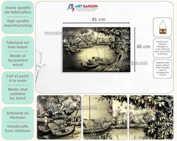 Tableau en Bois Laqué Peint, Campagne du Vietnam, Fabriqué à la main. Peinture et Panneau Murale du Vietnam. Décoration et Artisanat Asiatique | Article vendu par la Boutique Art-Saigon.com