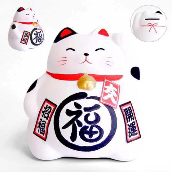 Maneki Neko Blanc, Tirelire, Fabriqué au Japon. Lucky Cat, Chat Porte Bonheur Japonais | Décoration et Artisanat Asiatique - Article vendu par la Boutique Art-Saigon.com