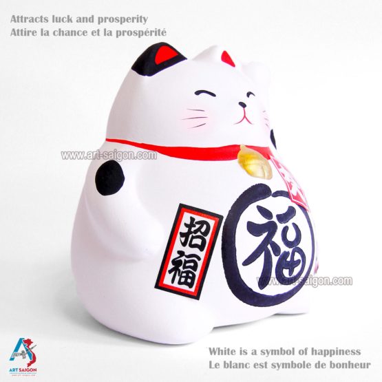 Maneki Neko Blanc, Tirelire, Fabriqué au Japon. Lucky Cat, Chat Porte Bonheur Japonais | Décoration et Artisanat Asiatique - Article vendu par la Boutique Art-Saigon.com