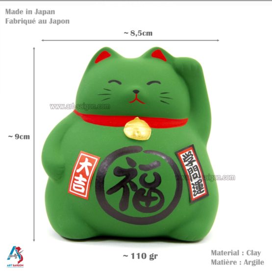 Maneki Neko, Fabriqué au Japon. Chat Porte Bonheur Japonais, Couleur Vert | Décoration et Artisanat Asiatique - Article vendu par la Boutique Art-Saigon.com