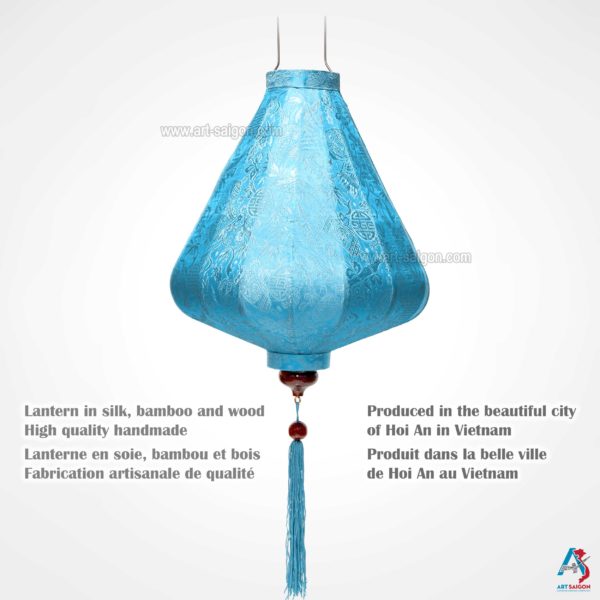 Lampion Asiatique en Soie Bleu Clair de la ville de Hoi An au Vietnam, Lanterne Traditionnel en Tissu, Bambou et Bois | Décoration et Artisanat Asiatique - Article vendu par la Boutique Art-saigon.com