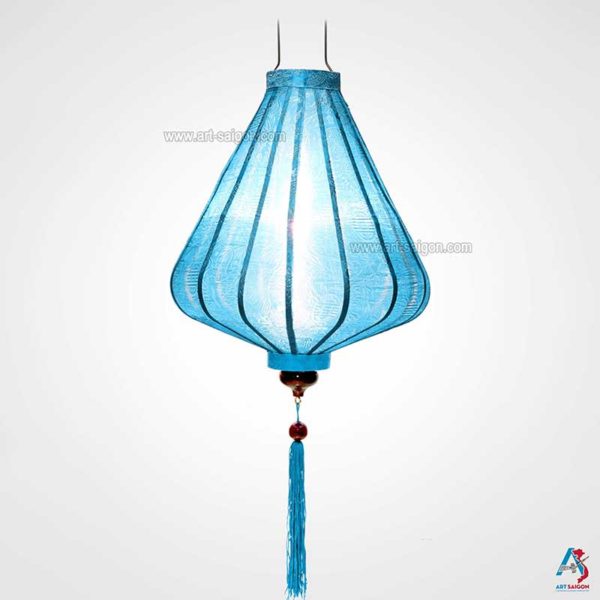Lampion Asiatique en Soie Bleu Clair de la ville de Hoi An au Vietnam, Lanterne Traditionnel en Tissu, Bambou et Bois | Décoration et Artisanat Asiatique - Article vendu par la Boutique Art-saigon.com
