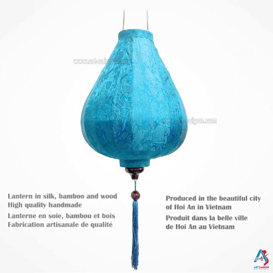 Lampion Asiatique en Soie Bleu Clair de la ville de Hoi An au Vietnam, Lanterne Traditionnel en Tissu, Bambou et Bois | Décoration et Artisanat Asiatique - Article vendu par la Boutique Art-saigon.com