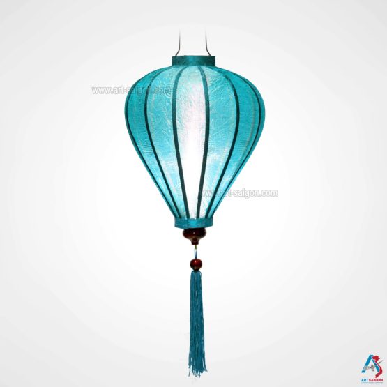 Lampion Asiatique en Soie Bleu Clair de la ville de Hoi An au Vietnam, Lanterne Traditionnel en Tissu, Bambou et Bois | Décoration et Artisanat Asiatique - Article vendu par la Boutique Art-saigon.com