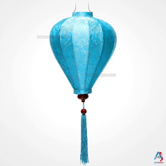 Lampion Asiatique en Soie Bleu Clair de la ville de Hoi An au Vietnam, Lanterne Traditionnel en Tissu, Bambou et Bois | Décoration et Artisanat Asiatique - Article vendu par la Boutique Art-saigon.com