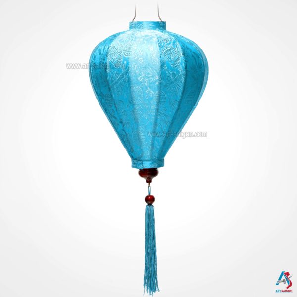 Lampion Asiatique en Soie Bleu Clair de la ville de Hoi An au Vietnam, Lanterne Traditionnel en Tissu, Bambou et Bois | Décoration et Artisanat Asiatique - Article vendu par la Boutique Art-saigon.com