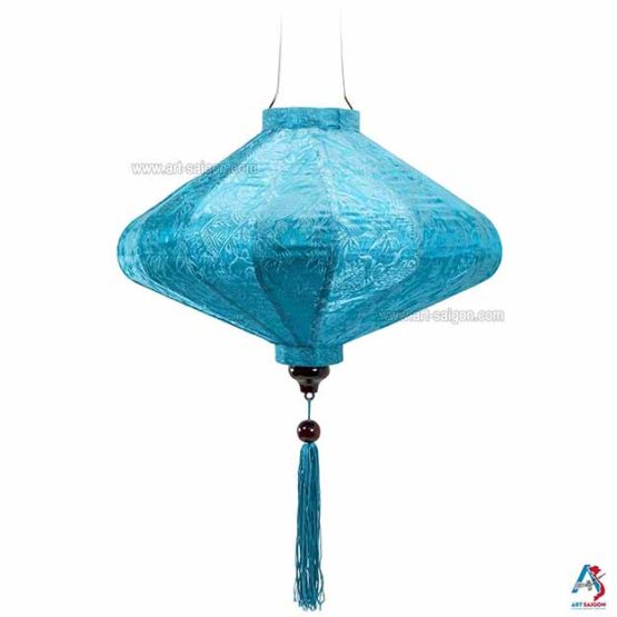 Lampion Asiatique en Soie Bleu Clair de la ville de Hoi An au Vietnam, Lanterne Traditionnel en Tissu, Bambou et Bois | Décoration et Artisanat Asiatique - Article vendu par la Boutique Art-saigon.com