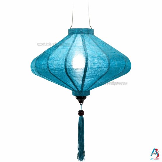 Lampion Asiatique en Soie Bleu Clair de la ville de Hoi An au Vietnam, Lanterne Traditionnel en Tissu, Bambou et Bois | Décoration et Artisanat Asiatique - Article vendu par la Boutique Art-saigon.com