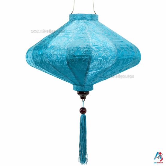 Lampion Asiatique en Soie Bleu Clair de la ville de Hoi An au Vietnam, Lanterne Traditionnel en Tissu, Bambou et Bois | Décoration et Artisanat Asiatique - Article vendu par la Boutique Art-saigon.com