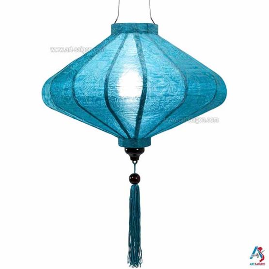 Lampion Asiatique en Soie Bleu Clair de la ville de Hoi An au Vietnam, Lanterne Traditionnel en Tissu, Bambou et Bois | Décoration et Artisanat Asiatique - Article vendu par la Boutique Art-saigon.com