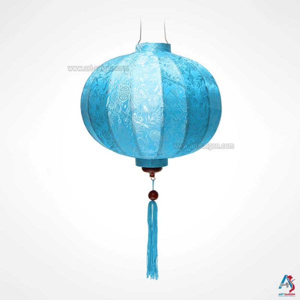 Lampion Asiatique en Soie Bleu Clair de la ville de Hoi An au Vietnam, Lanterne Traditionnel en Tissu, Bambou et Bois | Décoration et Artisanat Asiatique - Article vendu par la Boutique Art-saigon.com