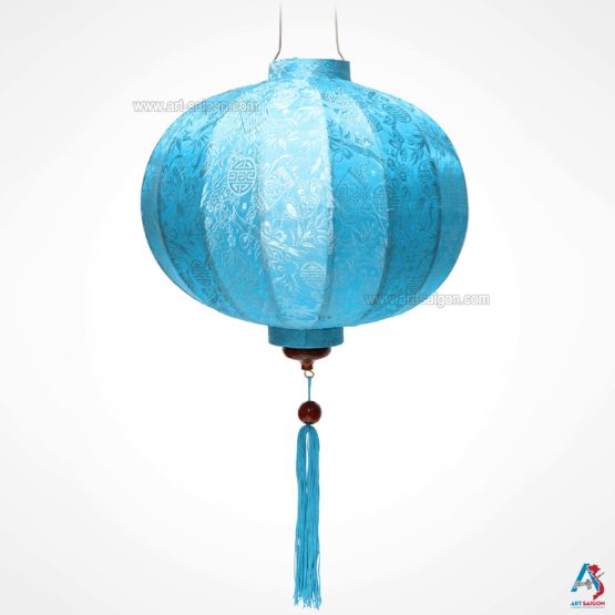 Lampion Asiatique en Soie Bleu Clair de la ville de Hoi An au Vietnam, Lanterne Traditionnel en Tissu, Bambou et Bois | Décoration et Artisanat Asiatique - Article vendu par la Boutique Art-saigon.com