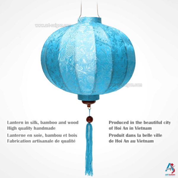 Lampion Asiatique en Soie Bleu Clair de la ville de Hoi An au Vietnam, Lanterne Traditionnel en Tissu, Bambou et Bois | Décoration et Artisanat Asiatique - Article vendu par la Boutique Art-saigon.com