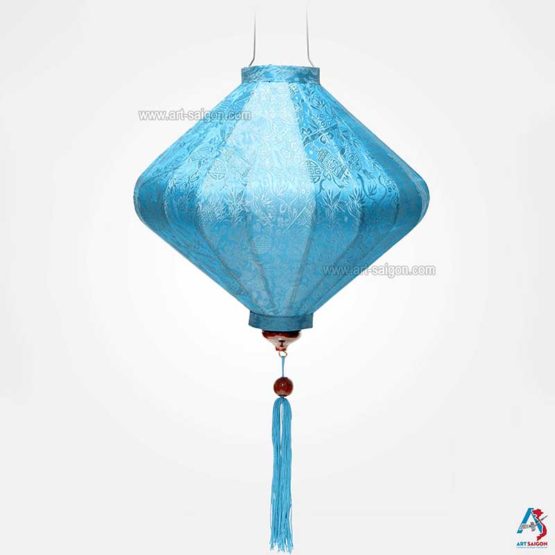 Lampion Asiatique en Soie Bleu Clair de la ville de Hoi An au Vietnam, Lanterne Traditionnel en Tissu, Bambou et Bois | Décoration et Artisanat Asiatique - Article vendu par la Boutique Art-saigon.com