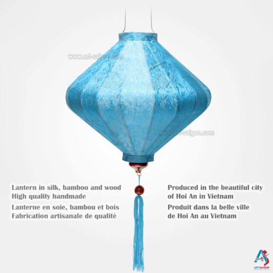 Lampion Asiatique en Soie Bleu Clair de la ville de Hoi An au Vietnam, Lanterne Traditionnel en Tissu, Bambou et Bois | Décoration et Artisanat Asiatique - Article vendu par la Boutique Art-saigon.com