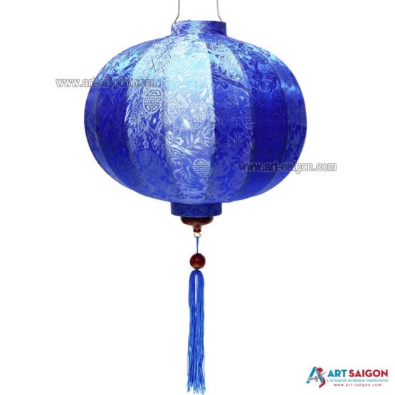 Lampion Asiatique en Soie Bleu Foncé de la ville de Hoi An au Vietnam, Lanterne Traditionnel en Tissu, Bambou et Bois | Décoration et Artisanat Asiatique - Article vendu par la Boutique Art-saigon.com