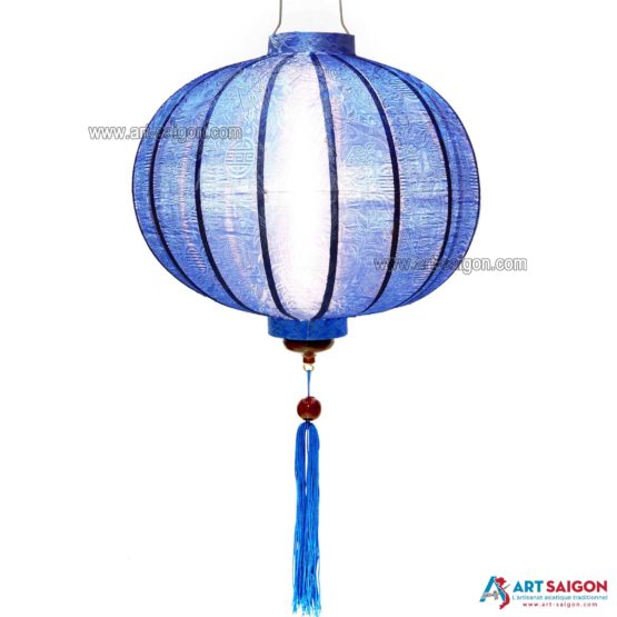 Lampion Asiatique en Soie Bleu Foncé de la ville de Hoi An au Vietnam, Lanterne Traditionnel en Tissu, Bambou et Bois | Décoration et Artisanat Asiatique - Article vendu par la Boutique Art-saigon.com