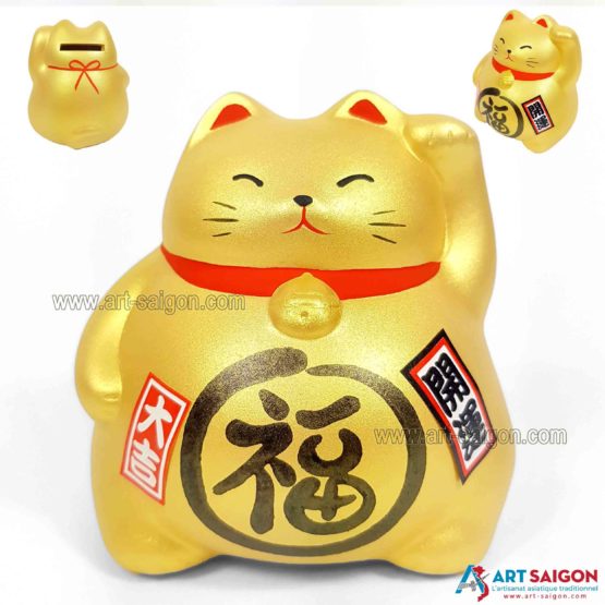 Maneki Neko Doré, Tirelire, Fabriqué au Japon. Lucky Cat, Chat Porte Bonheur Japonais | Décoration et Artisanat Asiatique - Article vendu par la Boutique Art-Saigon.com