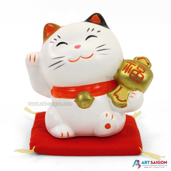 Maneki Neko en Céramique Blanc, Fabriqué au Japon. Chat Porte Bonheur Japonais | Décoration et Artisanat Asiatique - Article vendu par la Boutique Art-Saigon.com