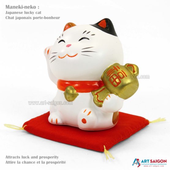 Maneki Neko en Céramique Blanc, Fabriqué au Japon. Chat Porte Bonheur Japonais | Décoration et Artisanat Asiatique - Article vendu par la Boutique Art-Saigon.com