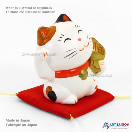 Maneki Neko en Céramique Blanc, Fabriqué au Japon. Chat Porte Bonheur Japonais | Décoration et Artisanat Asiatique - Article vendu par la Boutique Art-Saigon.com