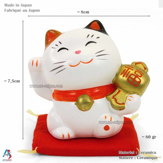 Maneki Neko en Céramique Blanc, Fabriqué au Japon. Chat Porte Bonheur Japonais | Décoration et Artisanat Asiatique - Article vendu par la Boutique Art-Saigon.com