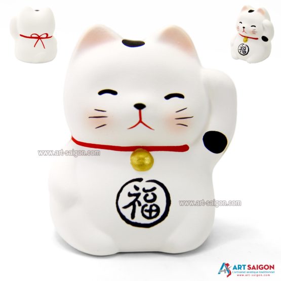 Maneki Neko Blanc, Fabriqué au Japon. Lucky Cat, Chat Porte Bonheur Japonais | Décoration et Artisanat Asiatique - Article vendu par la Boutique Art-Saigon.com