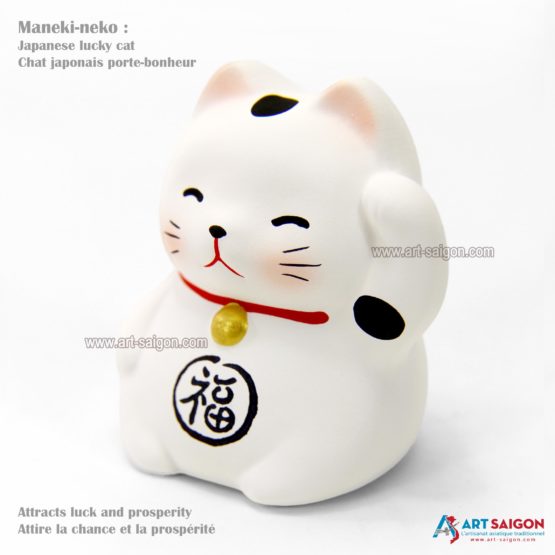 Maneki Neko Blanc, Fabriqué au Japon. Lucky Cat, Chat Porte Bonheur Japonais | Décoration et Artisanat Asiatique - Article vendu par la Boutique Art-Saigon.com