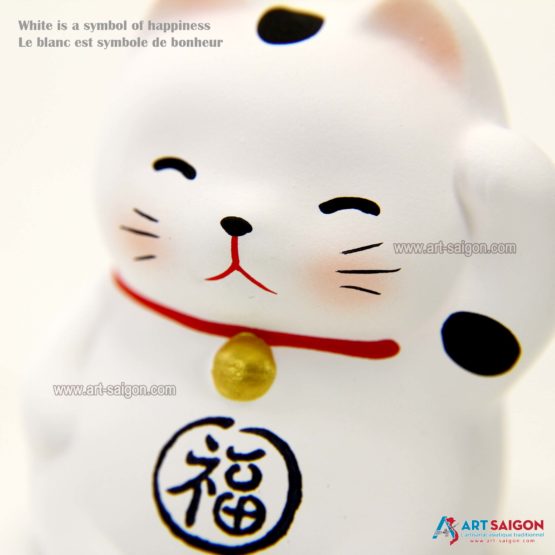 Maneki Neko Blanc, Fabriqué au Japon. Lucky Cat, Chat Porte Bonheur Japonais | Décoration et Artisanat Asiatique - Article vendu par la Boutique Art-Saigon.com