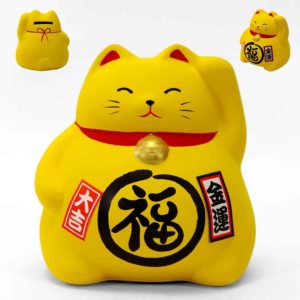 Maneki Neko Jaune, Tirelire, Fabriqué au Japon. Lucky Cat, Chat Porte Bonheur Japonais | Décoration et Artisanat Asiatique - Article vendu par la Boutique Art-Saigon.com