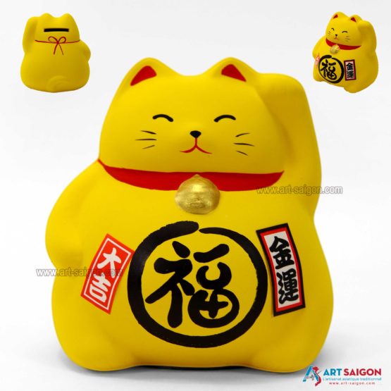 Maneki Neko Jaune, Tirelire, Fabriqué au Japon. Lucky Cat, Chat Porte Bonheur Japonais | Décoration et Artisanat Asiatique - Article vendu par la Boutique Art-Saigon.com