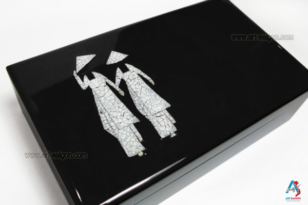 Boite Bijoux en Bois Laqué et Coquille d’œuf, Motif 2 Femmes Vietnamiennes. Décoration et Artisanat du Vietnam. Article vendu par la Boutique Art-saigon.com
