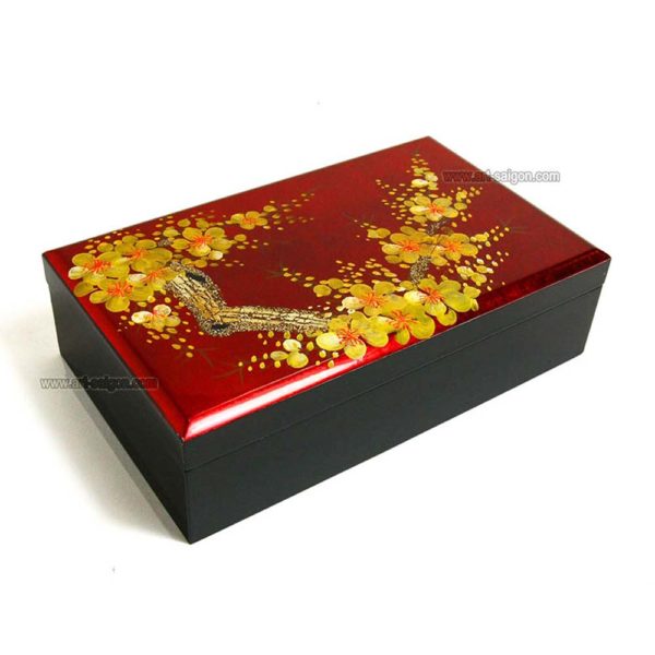 Boite Bijoux en Bois Laqué et Coquille d’œuf, Motif Fleur de Cerisier. Décoration et Artisanat du Vietnam. Article vendu par la Boutique Art-saigon.com