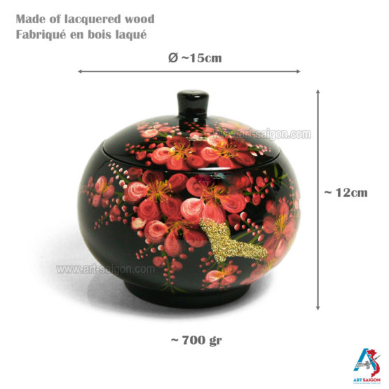 Boite Ronde en Bois Laqué Noir, Motif Fleurs de Cerisier Rouges. Décoration et Artisanat du Vietnam. Article vendu par la Boutique Art-saigon.com