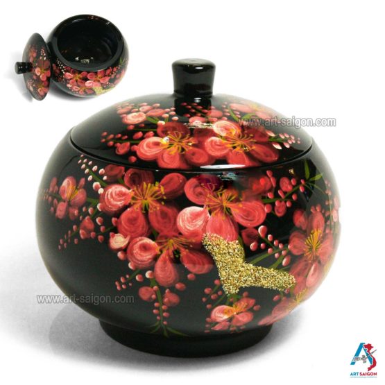 Boite Ronde en Bois Laqué Noir, Motif Fleurs de Cerisier Rouges. Décoration et Artisanat du Vietnam. Article vendu par la Boutique Art-saigon.com