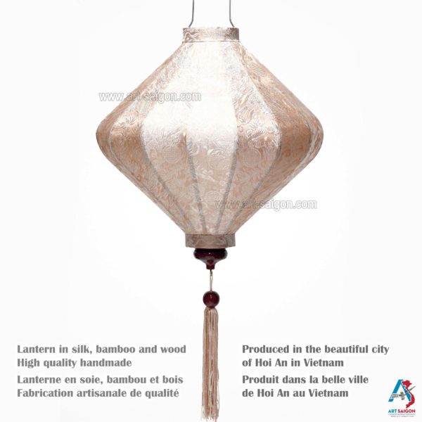 Lampion Asiatique en Soie Champagne Rosé de la ville de Hoi An au Vietnam, Lanterne Traditionnel en Tissu, Bambou et Bois | Décoration et Artisanat Asiatique - Article vendu par la Boutique Art-saigon.com