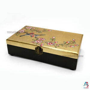 Boite Bijoux en Bois Laqué Doré, Motif Couple d'Oiseaux et Fleurs de Cerisier. Décoration et Artisanat du Vietnam. Article vendu par la Boutique Art-saigon.com
