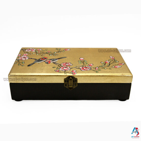 Boite Bijoux en Bois Laqué Doré, Motif Couple d'Oiseaux et Fleurs de Cerisier. Décoration et Artisanat du Vietnam. Article vendu par la Boutique Art-saigon.com