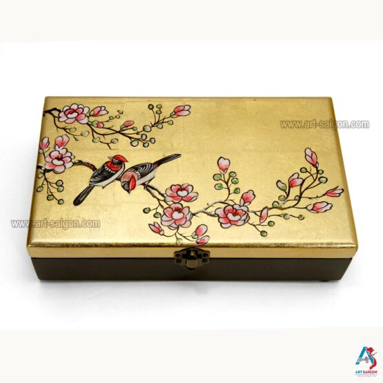 Boite Bijoux en Bois Laqué Doré, Motif Couple d'Oiseaux et Fleurs de Cerisier. Décoration et Artisanat du Vietnam. Article vendu par la Boutique Art-saigon.com