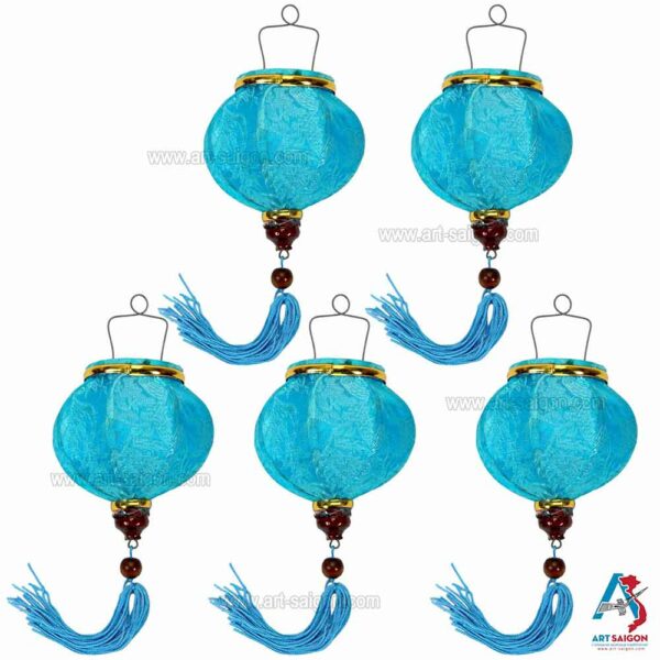 Lampion Asiatique en Soie Bleu de la ville de Hoi An au Vietnam, Lanterne Traditionnel en Tissu, Bambou et Bois | Décoration et Artisanat Asiatique - Article vendu par la Boutique Art-saigon.com