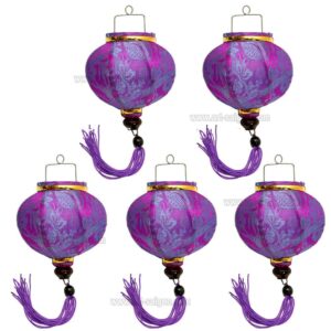 Lampion Asiatique en Soie Mauve de la ville de Hoi An au Vietnam, Lanterne Traditionnel en Tissu, Bambou et Bois | Décoration et Artisanat Asiatique - Article vendu par la Boutique Art-saigon.com