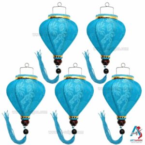Lampion Asiatique en Soie Bleu de la ville de Hoi An au Vietnam, Lanterne Traditionnel en Tissu, Bambou et Bois | Décoration et Artisanat Asiatique - Article vendu par la Boutique Art-saigon.com