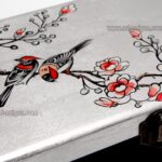 Boite Bijoux en Bois Laqué Argenté "Couple d’oiseaux et Fleurs de Cerisier". Décoration et Artisanat du Vietnam. Article vendu par la Boutique Art-saigon.com