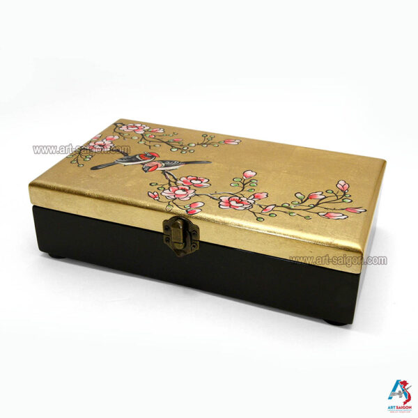 Boite Bijoux en Bois Laqué Doré "Couple d’oiseaux et Fleurs de Cerisier". Décoration et Artisanat du Vietnam. Article vendu par la Boutique Art-saigon.com